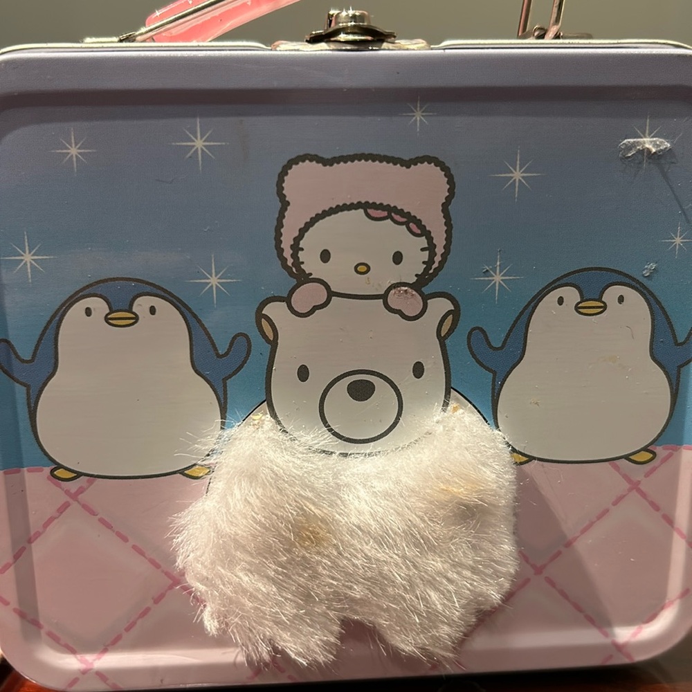 2003 Hello Kitty Fuzzy Polar Bear Metal Mini Storage Lunch Box 5x6 inches- mini